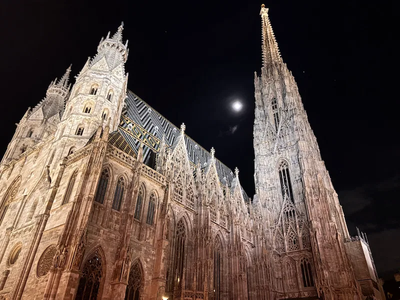 St. Stephen’s Cathedral and its South Tower illuminated at night in Vienna