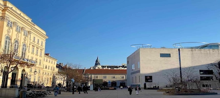 Leopold Museum’s white façade overlooking the MuseumsQuartier courtyard in Vienna