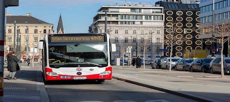 Vienna bus at a stop, displaying route 69A to Simmering