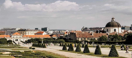 Belvedere Palace gardens with clipped shrubs and views over Vienna