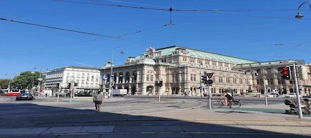 Vienna State Opera viewed across the Ringstrasse with tram tracks in the foreground