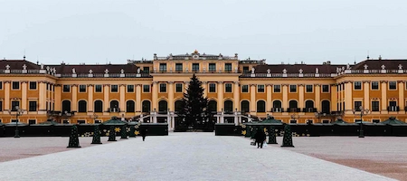 Schönbrunn Palace in Vienna with a snowy forecourt and Christmas tree