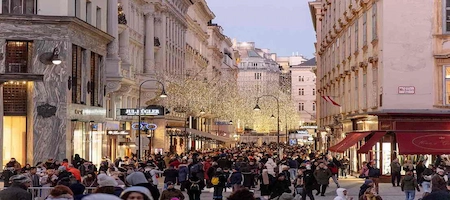 Shoppers on a busy pedestrian street lined with historic buildings in Vienna