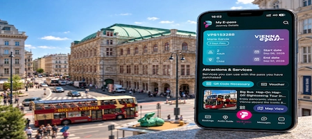 Vienna E-pass app on a smartphone with the Vienna State Opera in the background