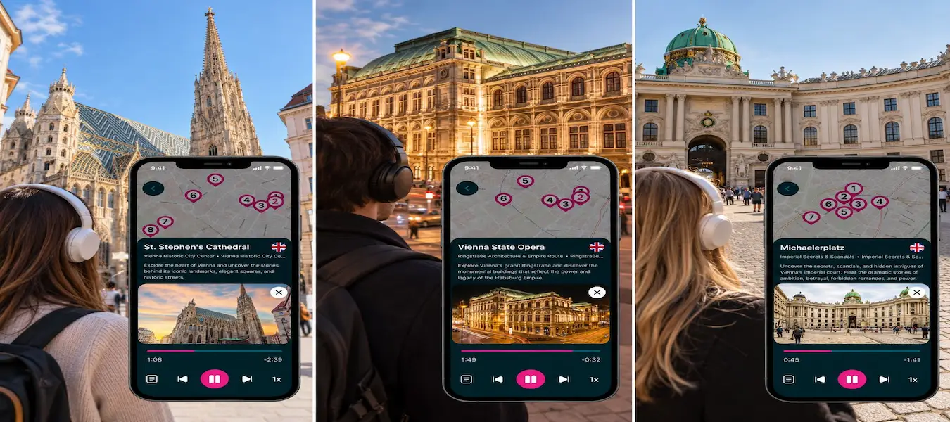 Vienna E-pass audio guide screens with visitors at St. Stephen’s Cathedral, the State Opera and Hofburg Palace