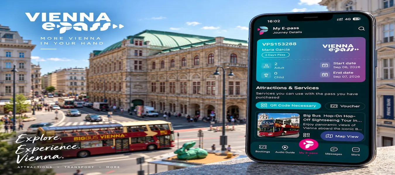 Vienna E-pass app showing pass details, with the Vienna State Opera and a sightseeing bus in the background